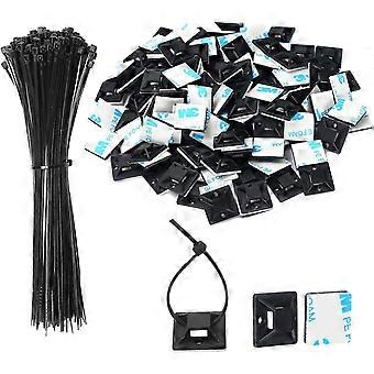 Juego de soportes autoadhesivos con cremallera y bridas negras para cables, soportes para bases de cables con almohadillas adhesivas multiusos (150 mm de longitud de bridas y soporte para bridas de 2 cm) (500)