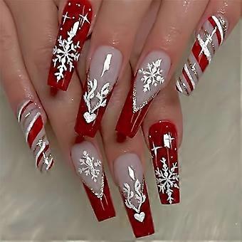 Christmas Coffin Press On Nails Red Snowflake Design Long Square French Tip Reusable Acrylic Set