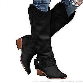 Women Western Cowboy PU Boots Thick Heel Under Knee Mid Calf Autumn Winter_hp