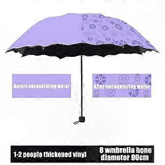 Umbrella, Ladies Portable 3-Folding Windproof Design with Watercolor Blossoms That Change Color When Wet, Anti-UV Protection for Sun & Rain