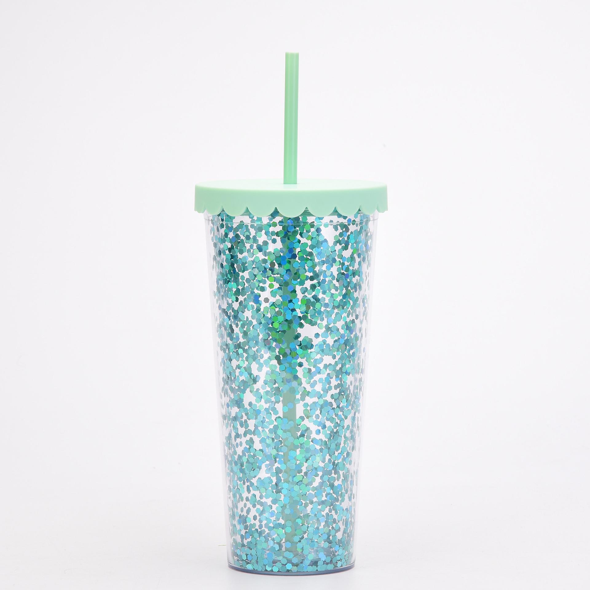 2022 new double-layer plastic cup simple transparent sequin glitter straw cup large-capacity summer water cup
