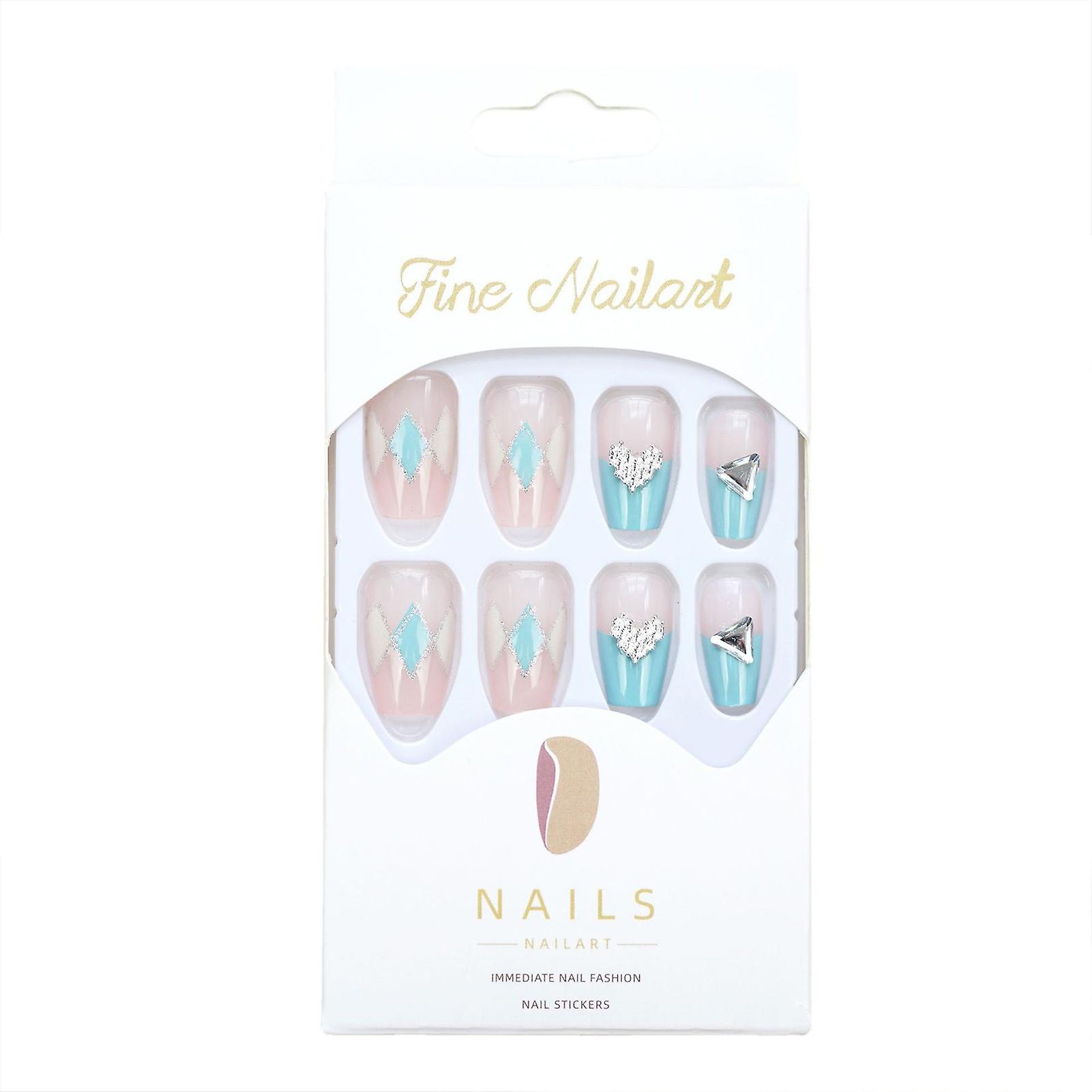 Medium Ballet Press-on Nails Blue Fake Nails Tips Diamond Pattern Glue On Nails