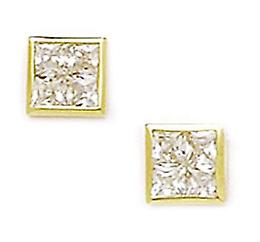 14k Yellow Gold Cubic Zirconia Small Square Segmented Screw Back Earrings 7x7mm Stud Earring for Women