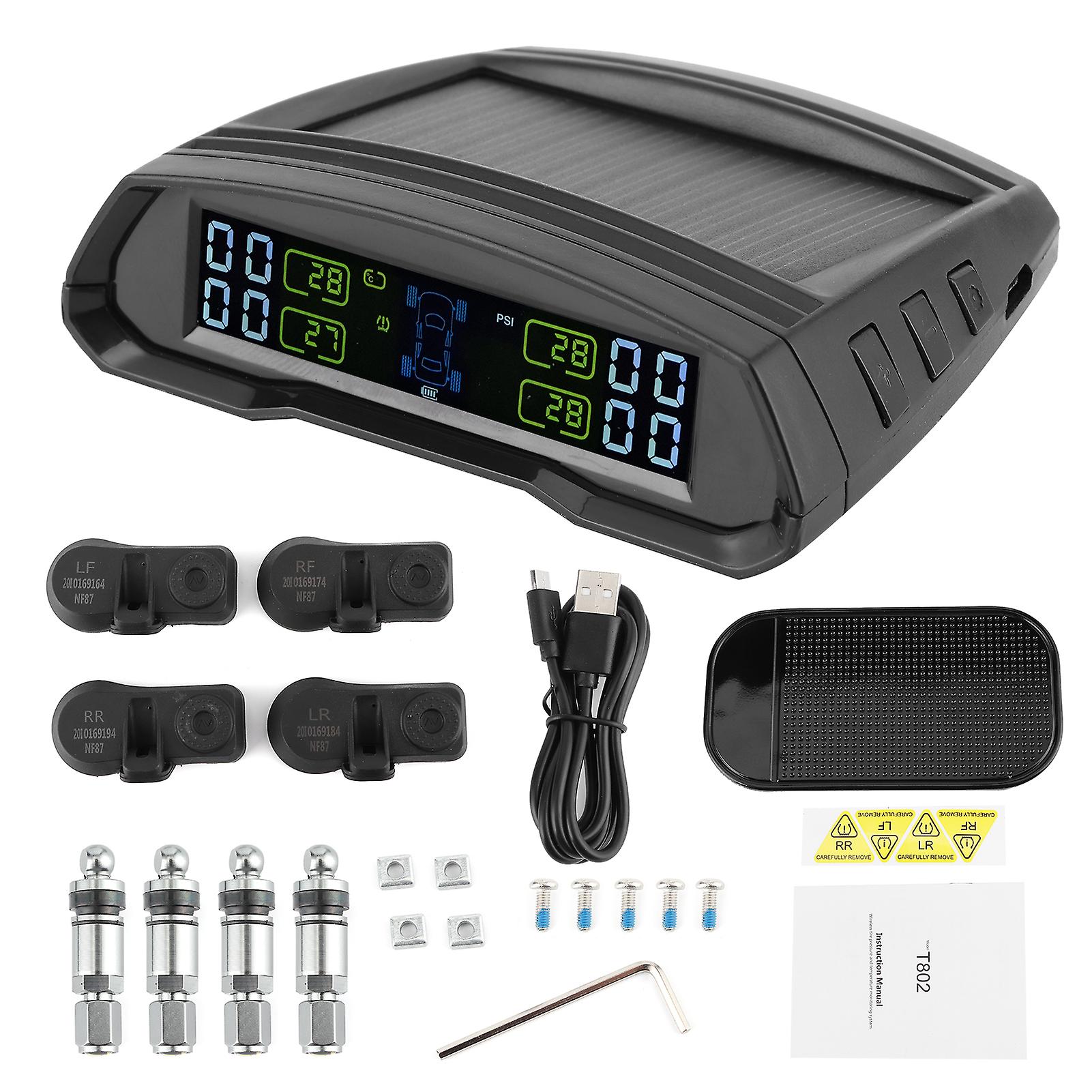 Wireless Tire Pressure Monitoring System TPMS with Digital LCD Display Solar and USB Powered Tire Pressure Alarm Sensor