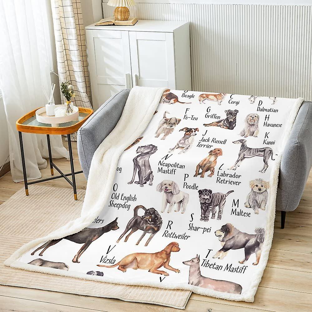 Dog Alphabet Sherpa Blanket Cute Various Dog Fleece Blanket For Kids Boys Girls Animal ABC Fuzzy Blanket for Sofa Bed Cartoon  Letters,Double