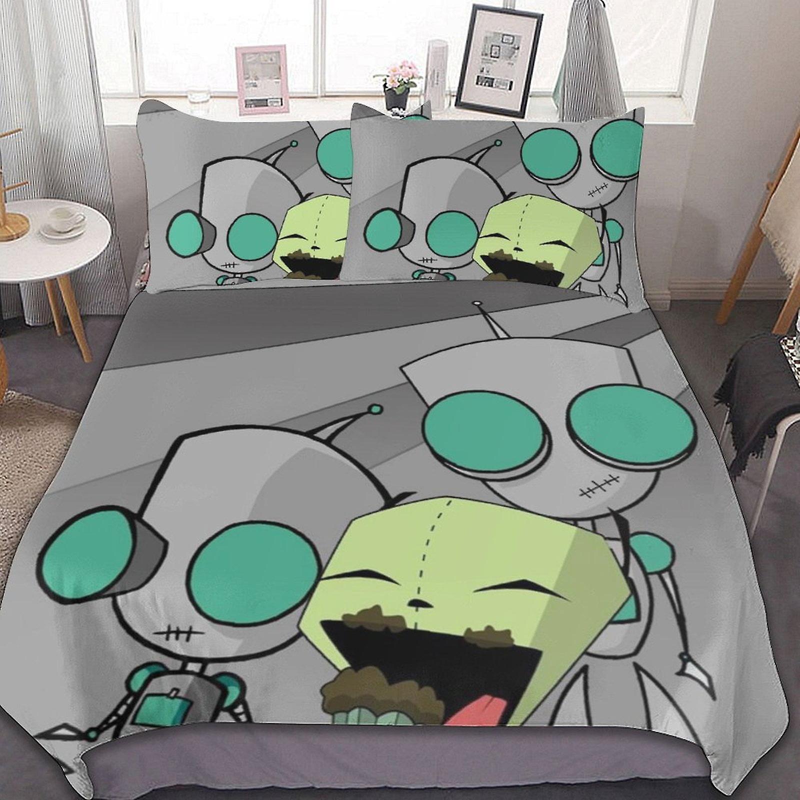 Pokaż Invader Zim 3-częściowe zestawy pościeli Wygodne miękkie zestawy kołder Dekoracja Prezenty do sypialni z 1 poszewką na kołdrę 2 poszewki na poduszki