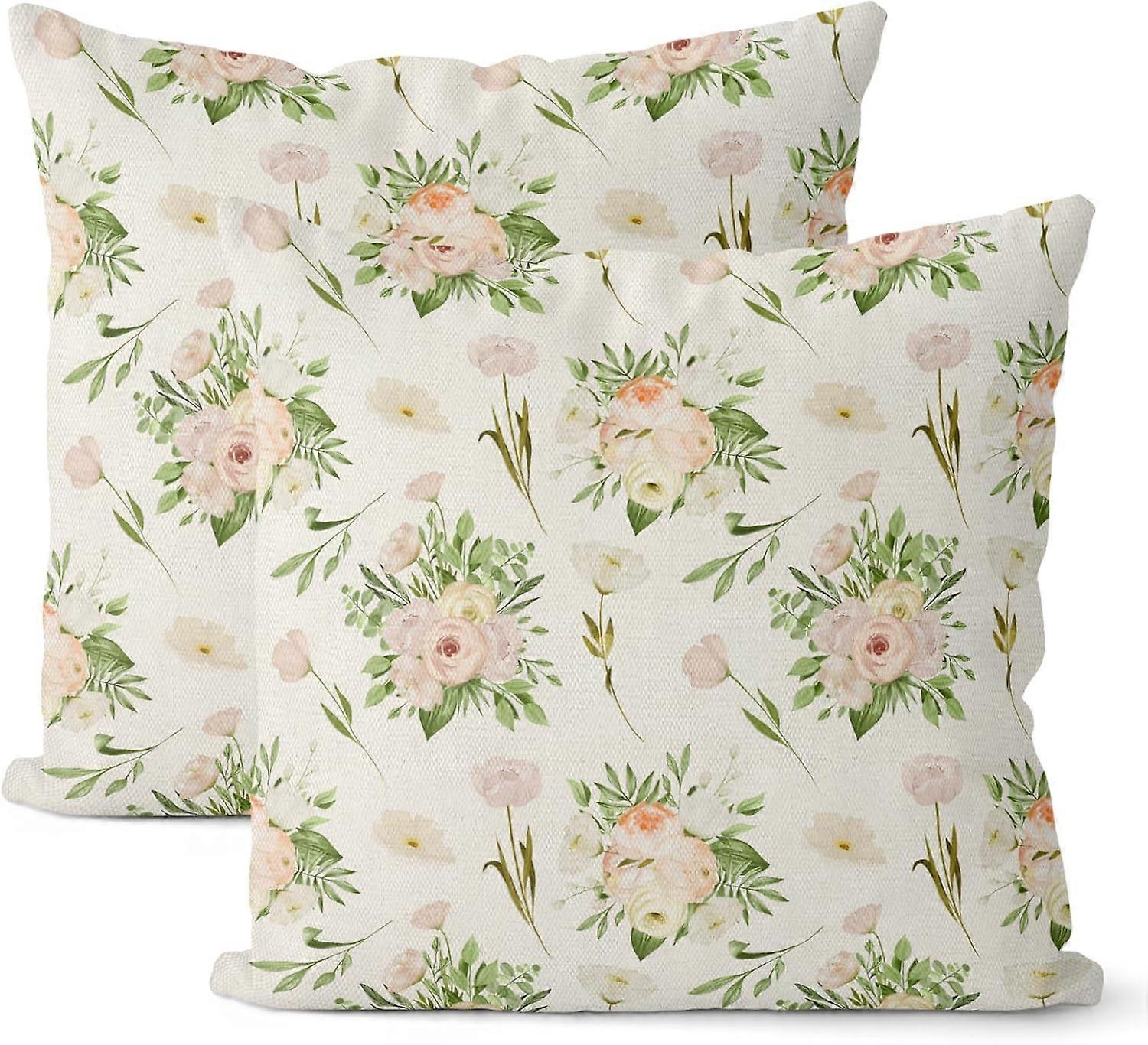 Spring Pillow Covers 18x18 Set of 2, Watercolor Floral Farmhouse Throw Pillow Covers Flowers Decorative Spring Summer Pillowcase Decorations for Home