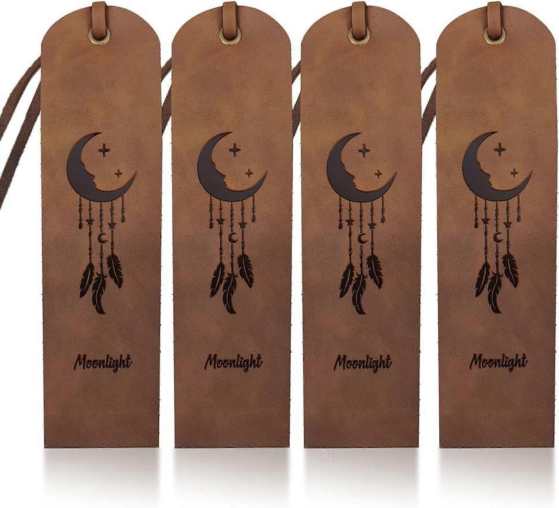 4pcs Moon Feather Leather Bookmarks 27inch Moonlight Handmade Cowhide Bookmarks with Tassel Genuine Leather Book Markers for Gifts Men Women Book Love