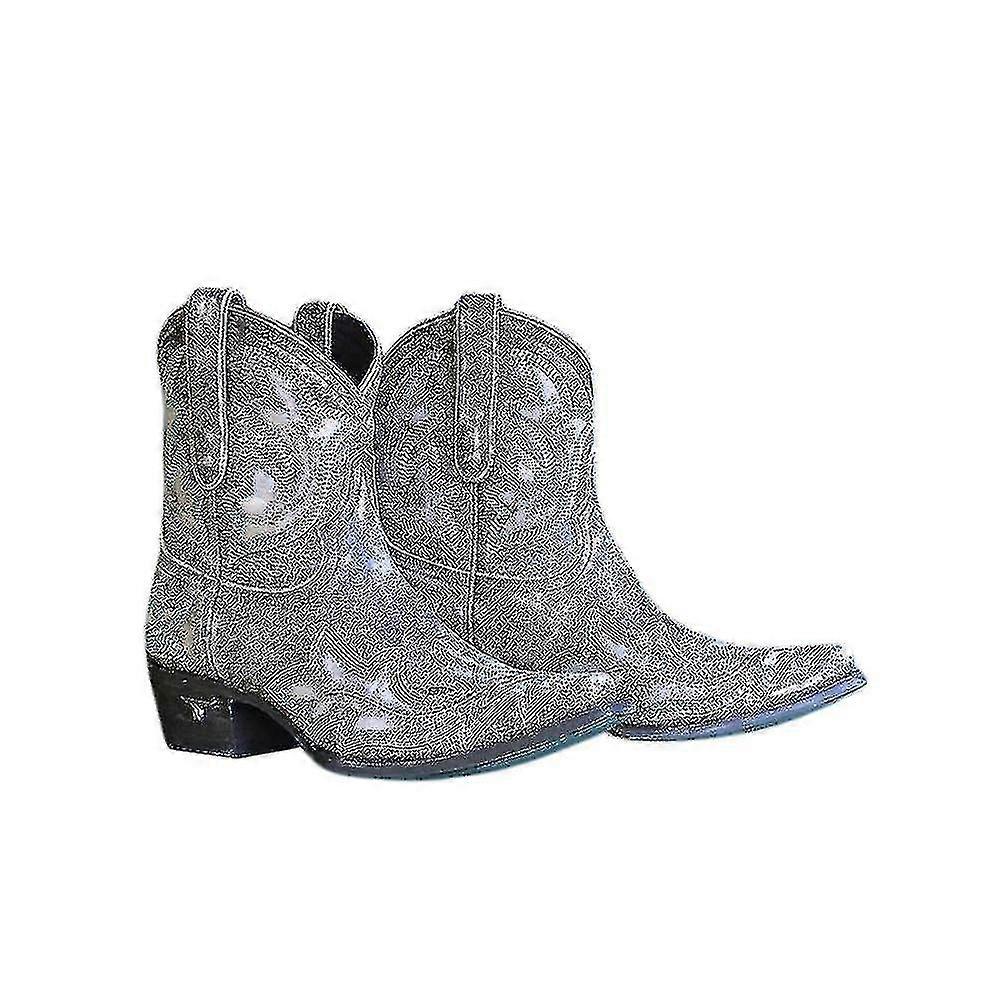 Women Retro Western Cowboy Cowgirl Embroidery Pointed Toe Ankle Boots Low Block Heel Booties Shoes Size