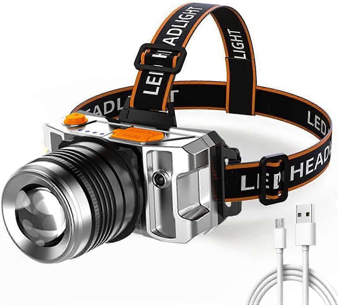 Waterproof and rechargeable 3-mode rotating zoom LED headlamp with fishing and cycling tools (silver)