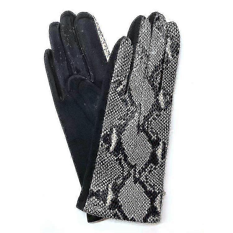 Women Gloves With Shiny Snakeskin Look Upper And Fleece Lining, Finger Gloves, Winter2setblack + Brown