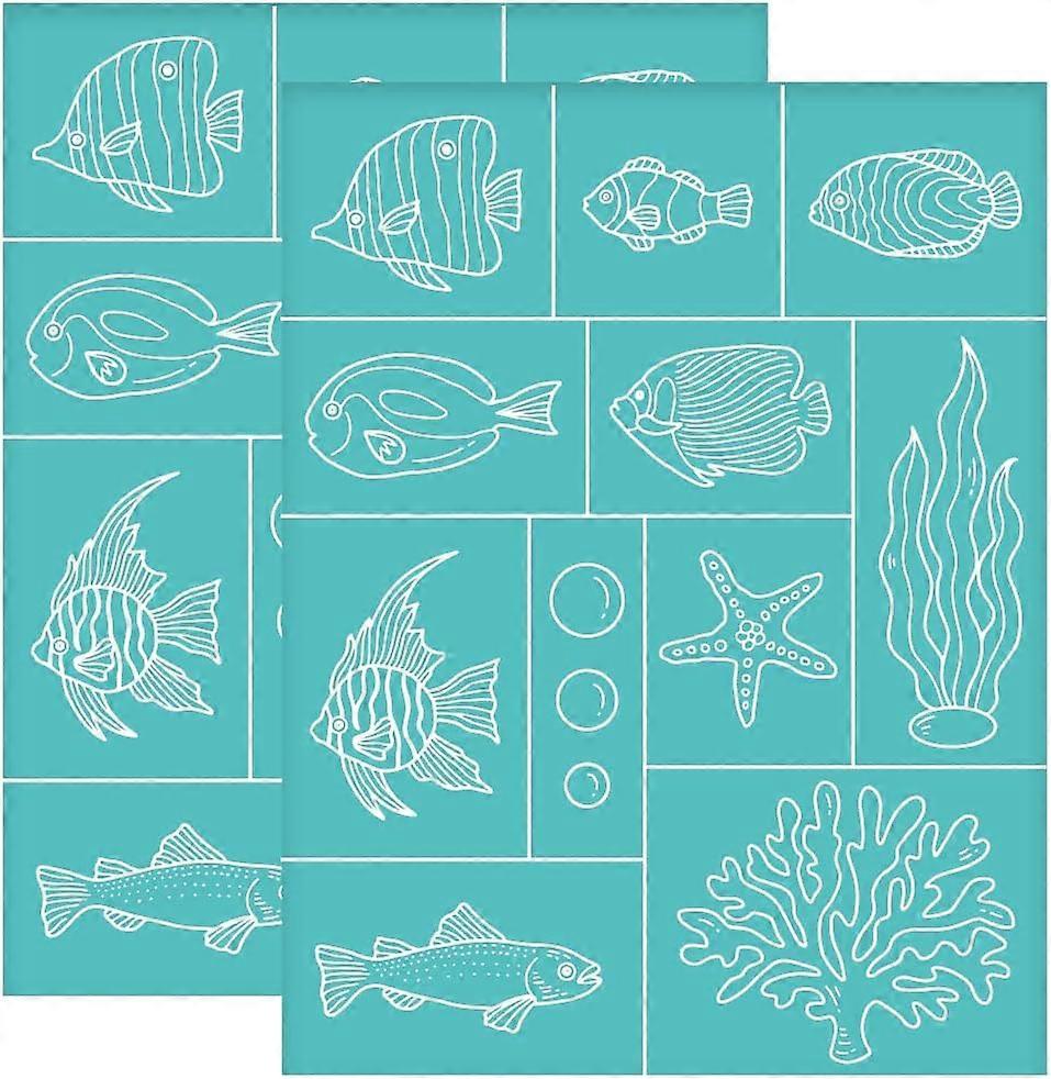 2pcs 8.6x11 inch Self-Adhesive Silk Screen Stencils Fish Silk Screen Printing Stencil Starfish Seaweed Reusable Stencils Ocean Theme Mesh Transfer for