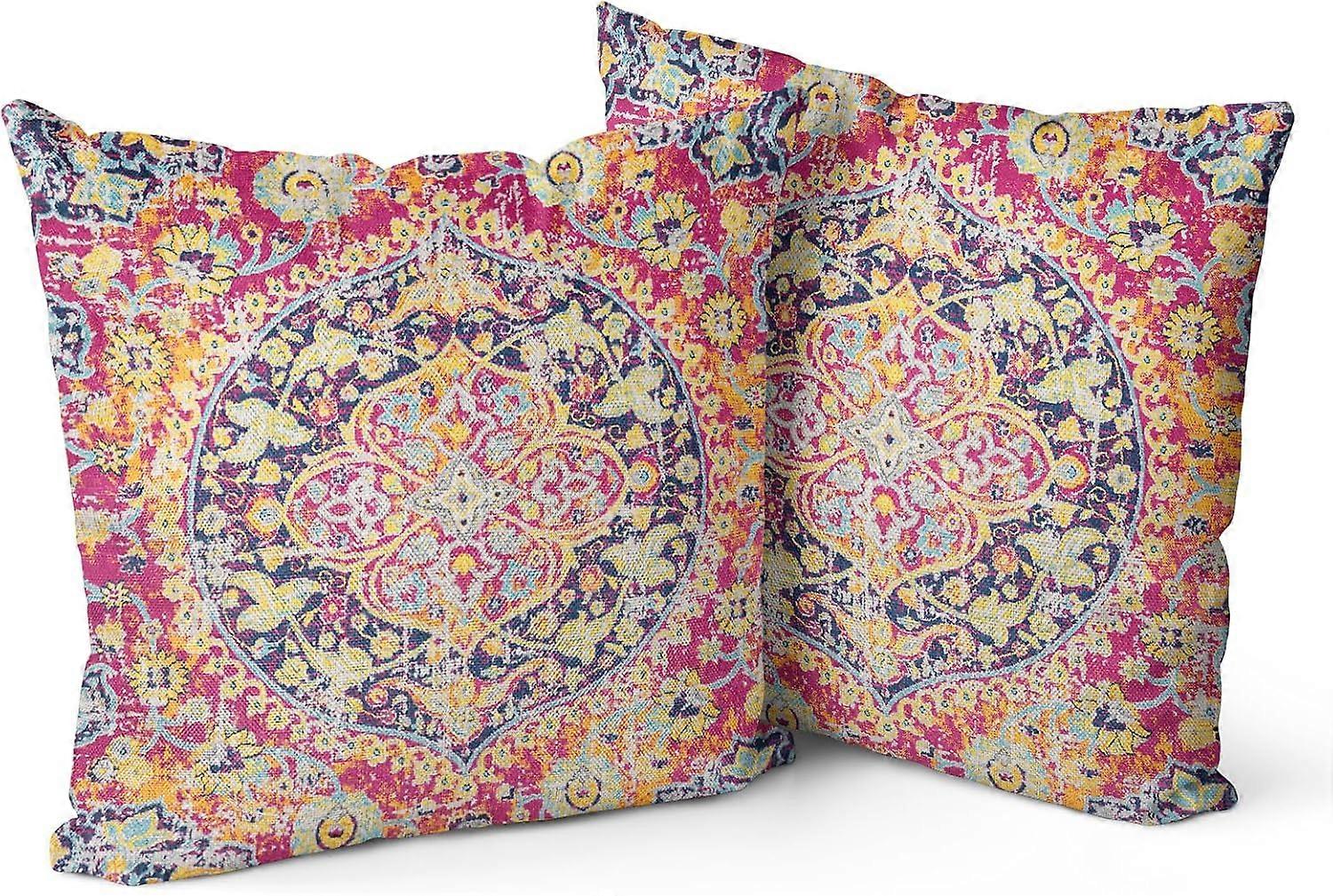 Conjunto de 2 Capas de Almofada Boho 20"x20" Vermelho Bohemian Carpet Duplo Face Padrão Fronhas de Linho Capa de Almofada para Fazenda Sofá Cama Decorativo,