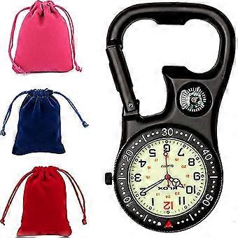 Black Clip-on Carabiner Fob Watch With Compass And Bottle Opener, Pocket Watch For Doctors Nurses Paramedics Chefs
