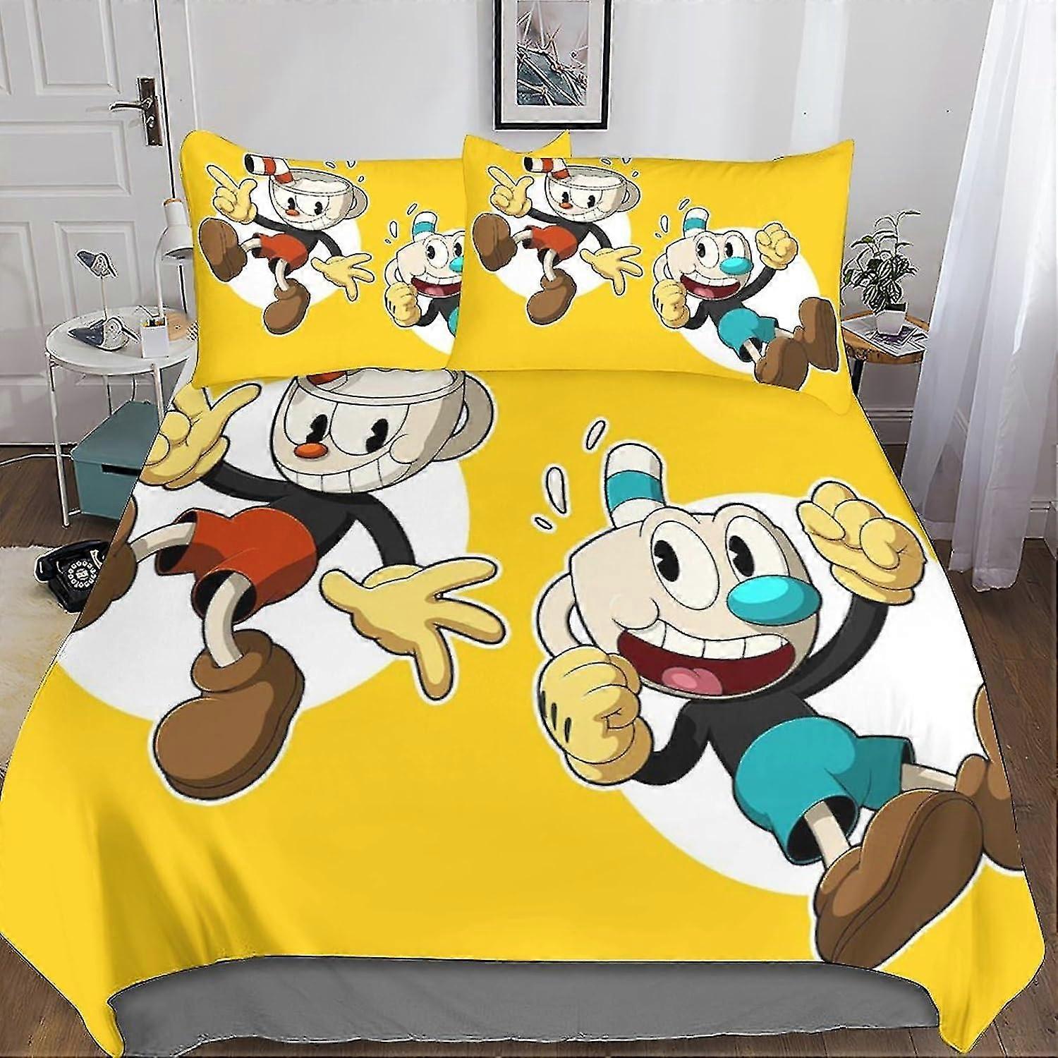 o5546 Lençóis Cuphead 3D Impresso Conjunto de Capa de Edredão Escovado Microfibra Macio Jogos de Anime Capas de Colcha Easy Care Conjuntos de Cama de Qualidade de Hotel com Travesseiro