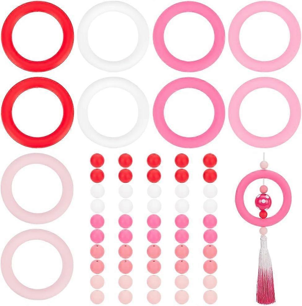 60pcs 64mm Pink Silicone Beadable O Rings Silicone Beads Set Round Silicone Loop with 2 Holes for Car Charm Keychian DIY Hanging Ornaments Hangers Mak
