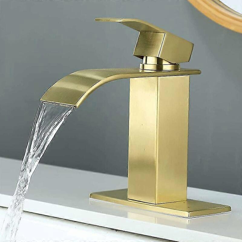 Robinet de salle de bain bec cascade dor, robinet d'vier de salle de bain monotrou poigne unique, mitigeur de lavabo avec plaque de pont