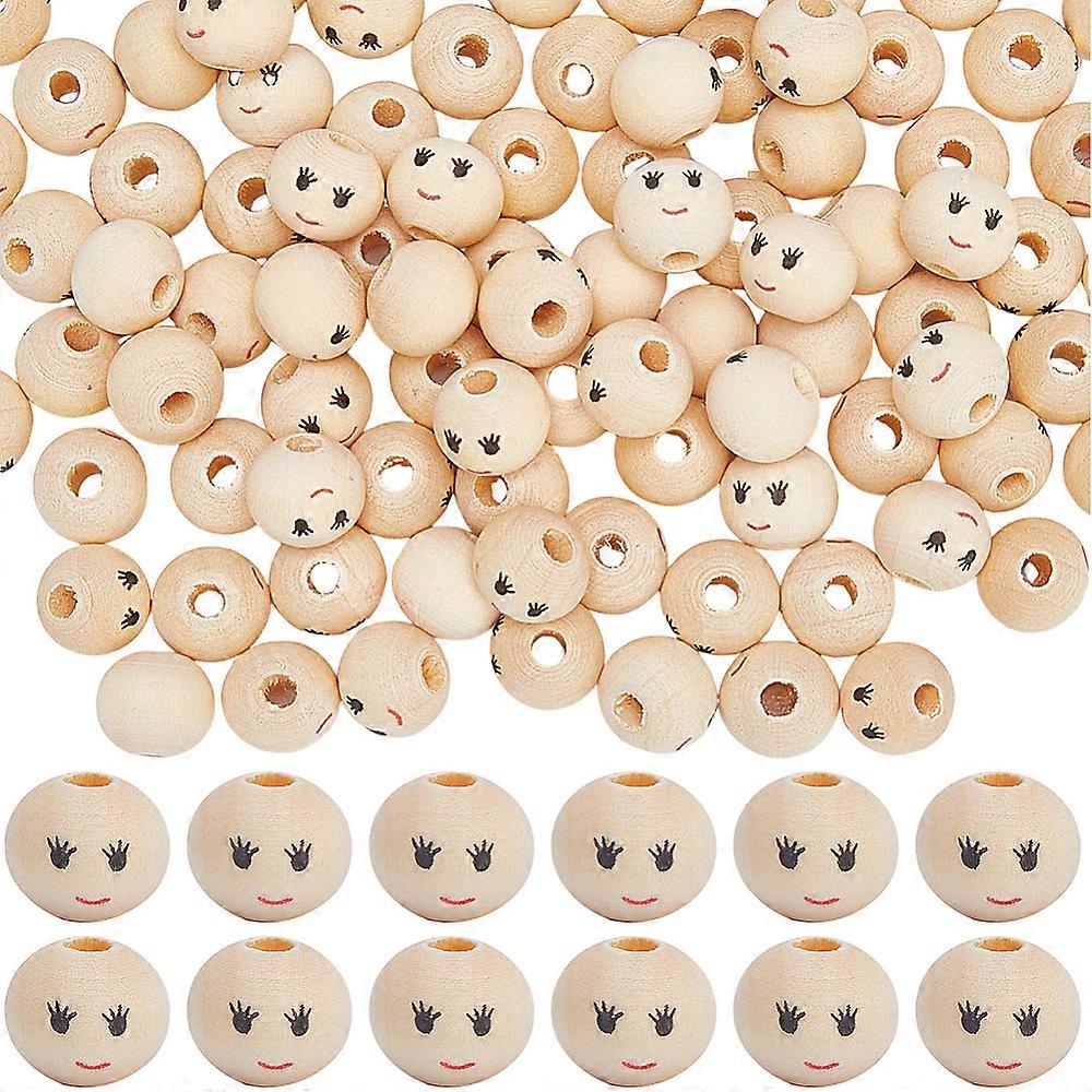 240Pcs Printed Wood Beads Round with Smiling Face Pattern Undyed Beige 12x11mm Hole: 2.9mm