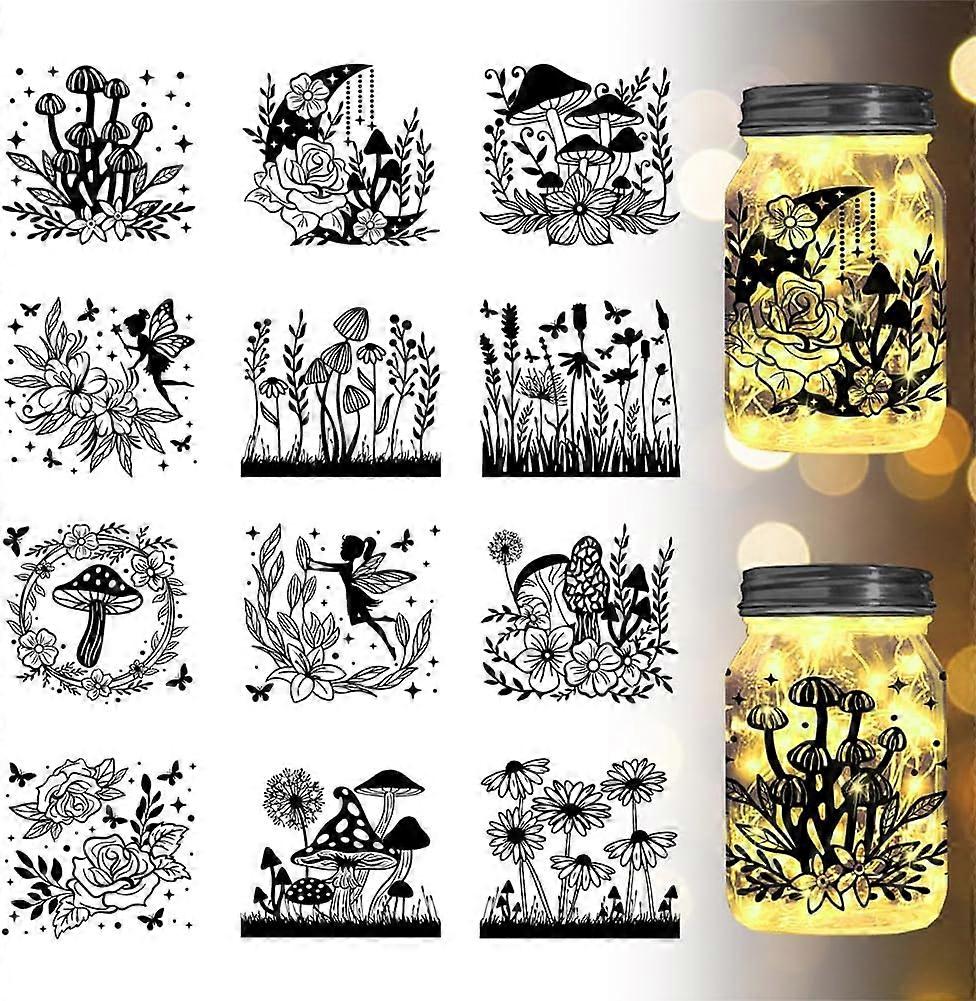 Mushroom Flower Jar Cutouts Lantern Jar Mushroom Flower Cutouts Jar Decor Lantern Silhouette Jar Cutouts Window Lamp Clings Decals Glass Cutouts Decor