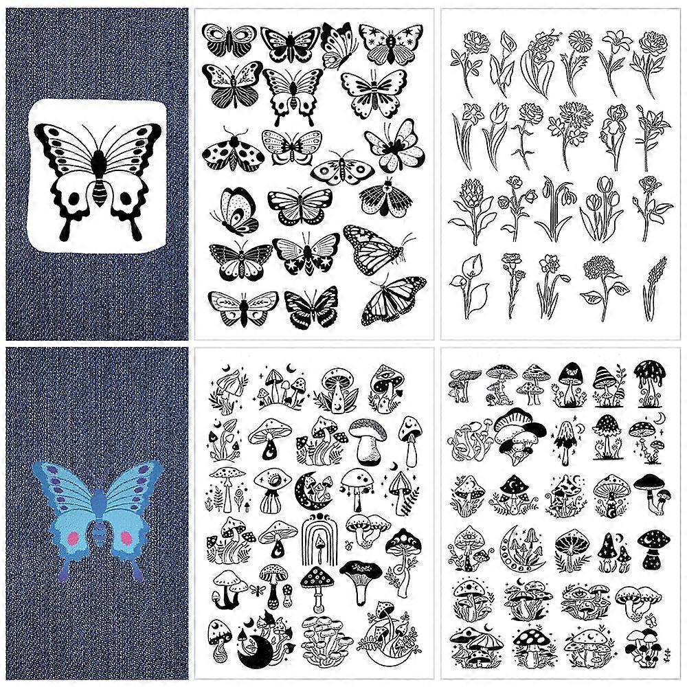 4 Sheets Flower Butterfly Mushroom Water Soluble Embroidery Stabilizers Hand Sewing Stick and Stitch Transfers Paper Wash Away Pre-Printed Self Adhesi