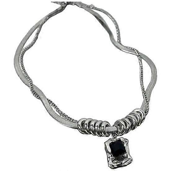 Women Necklace Double-layers Personality Round Rings Snake Bone Cool Black Faux Crystal Square Clavicle