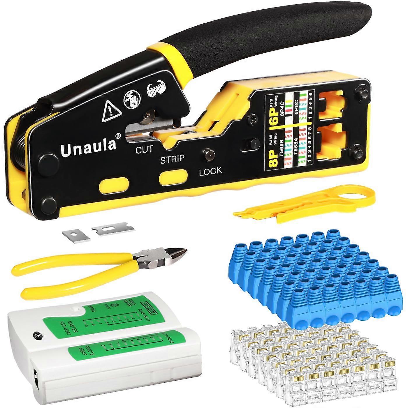 Crimp Tool Pass Through Ethernet Crimper Kit with RJ45 Connector, Adjustable Ratchet, and Durable Steel Construction