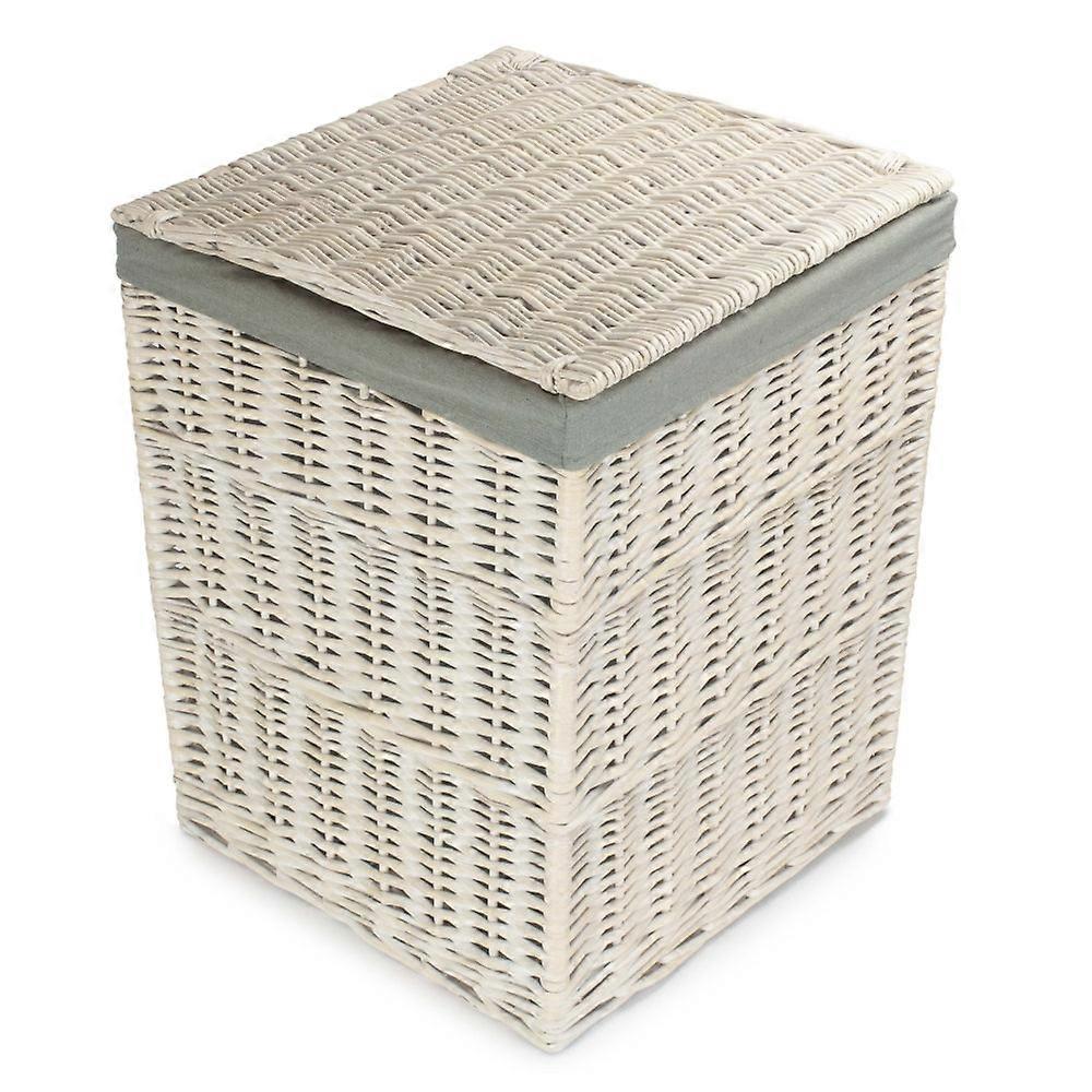 Square White Wash Wicker Laundry Basket With Grey Sage Lining