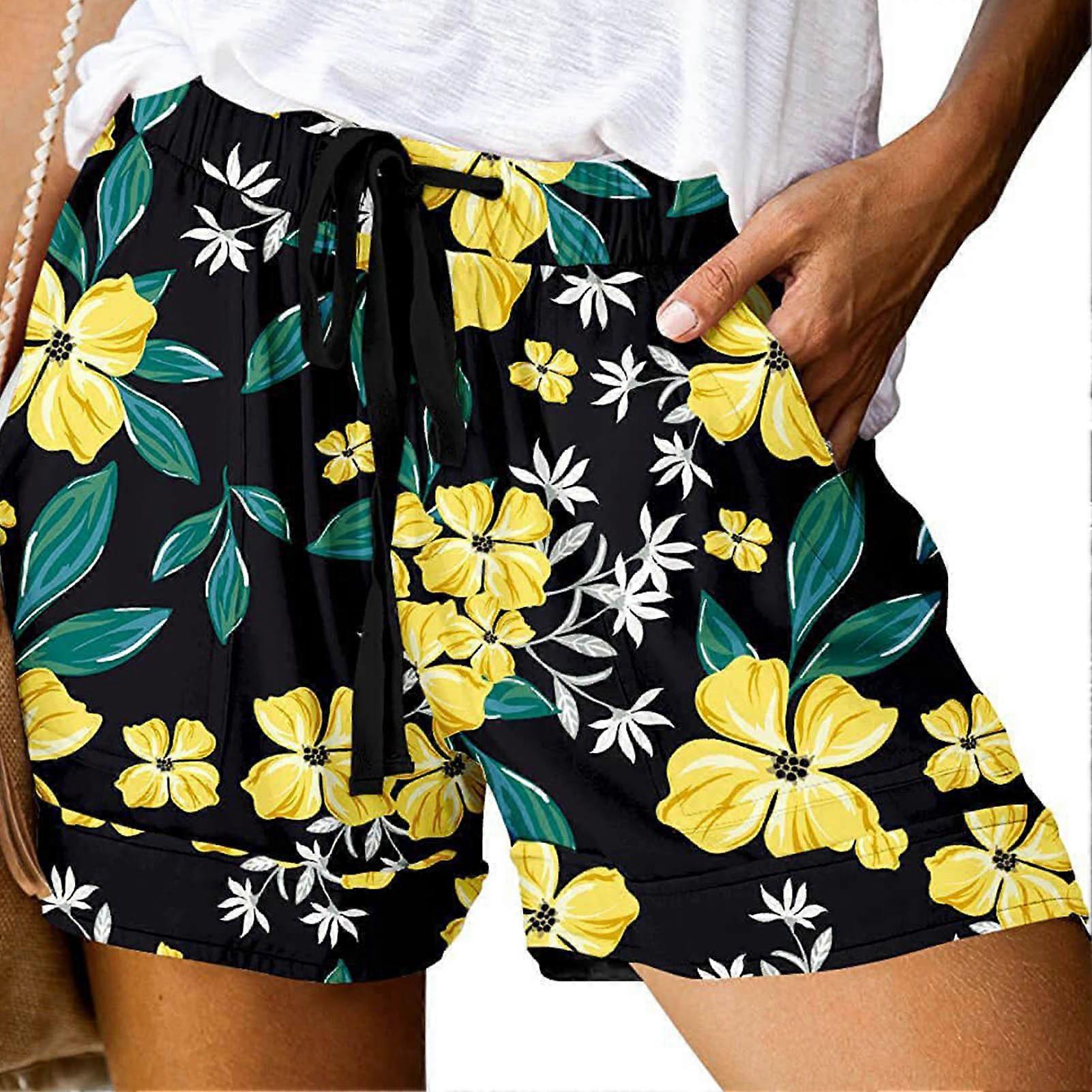 High Waist Print Shorts Women Beach Casual Elegant Elastic Waist Drawstring Shorts with Side Pockets