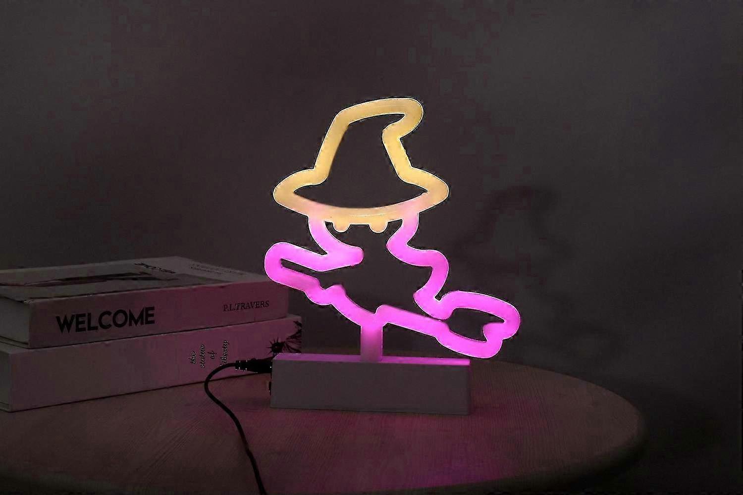 Stylish LED Witch Neon Light for Halloween, Pink & Yellow Decor with Battery/USB Power.