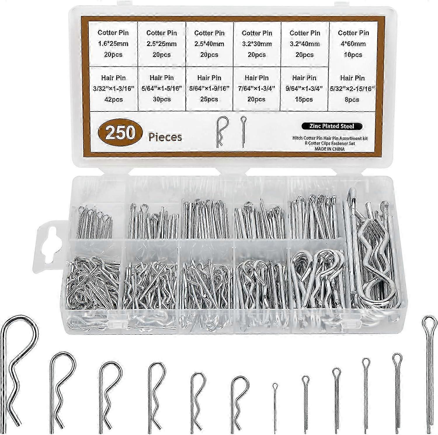 Splint-Set 250 Stück, Splint, verschiedene verzinkte R-Stift-Splint-Montagefedern für Autos, Mechaniker, Garagen, Elektrogeräte usw.-2025
