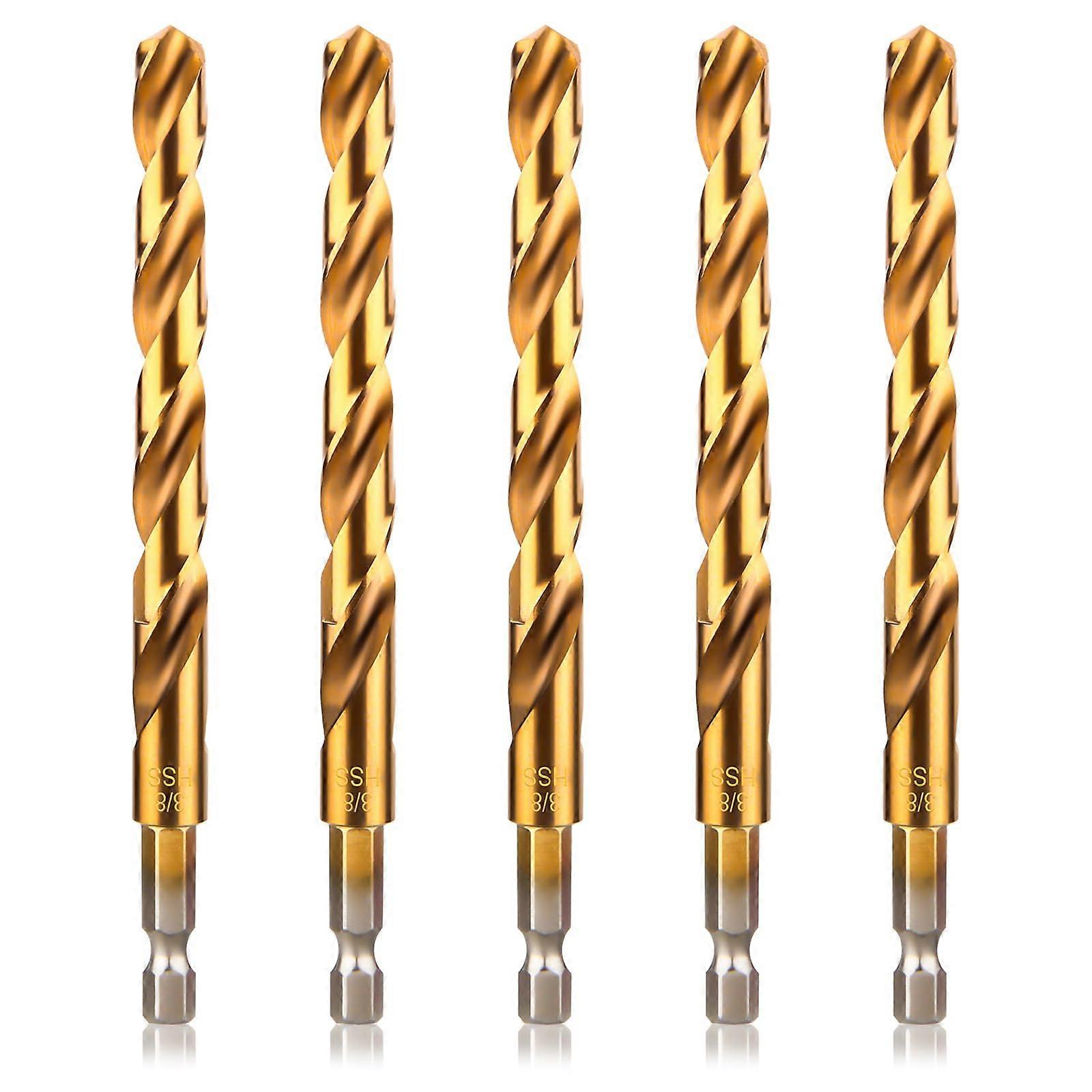 Titanium Twist Drill Bit Set, 5 Pcs 3/8' Hex Shank Drill Bits High Speed Steel for Wood, Plastic, Aluminum Alloy, Metal, Quick Change