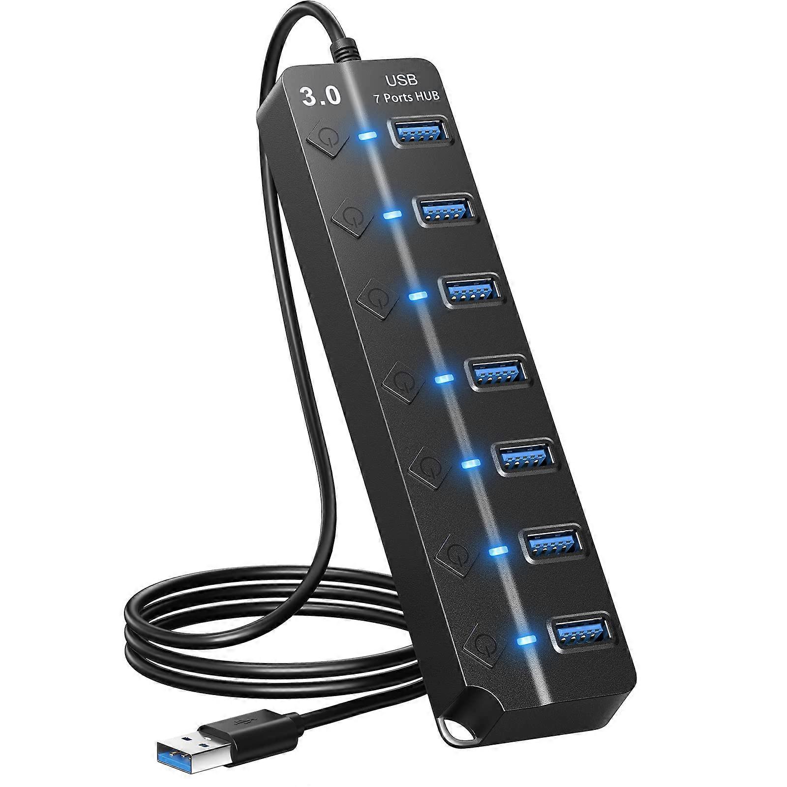 USB Hub 3.0 7Port With Individual On Off Switches And Lights 1 Meter Cable Compatible With MacBook PS4 PC Black