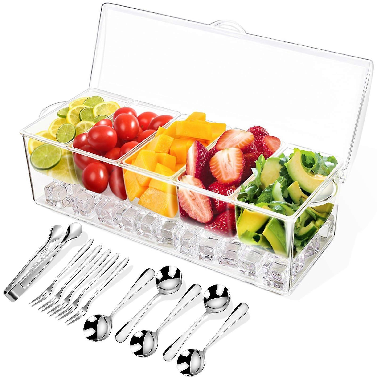 Stainless Steel Condiment Server Set with 5 Spoons, 5 Forks, 1 Clip, and Tray for Cooled Serving