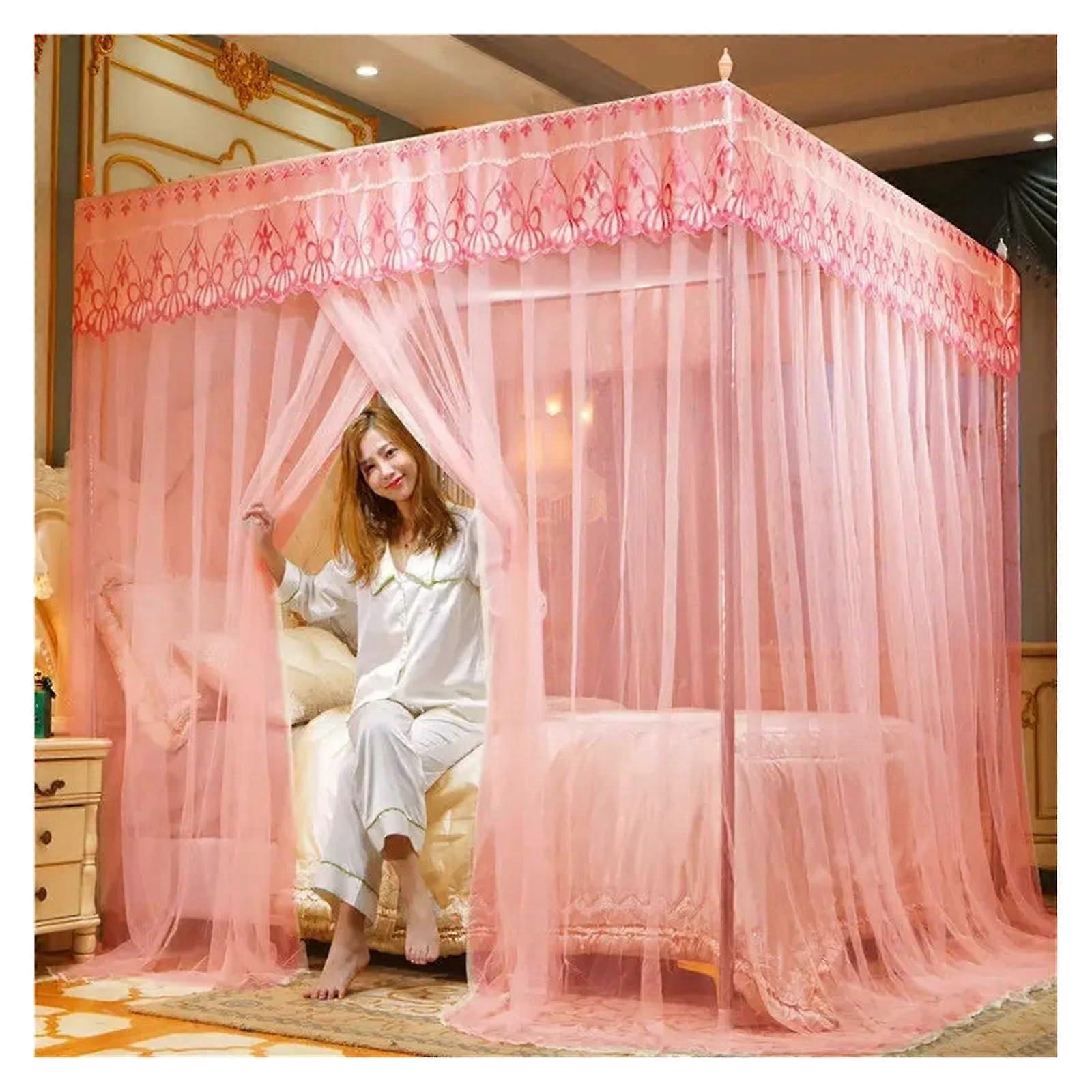 Canopy Bed Curta Bed Drapes Embroidery Lace Pleated Double Bed Net Canopy for Bed Square Romantic(Color 3,120x200cm)