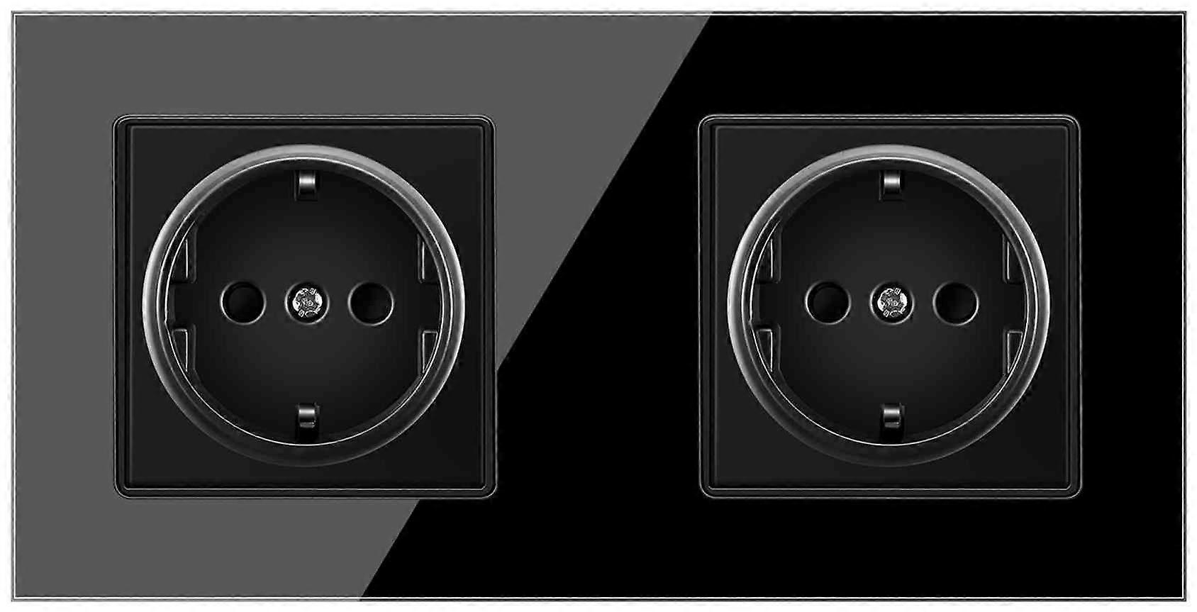 Eu Plug Wall Power 2-Socket 16A 250V Electrical Double Outlets Black Glass Panel Germany Sockets