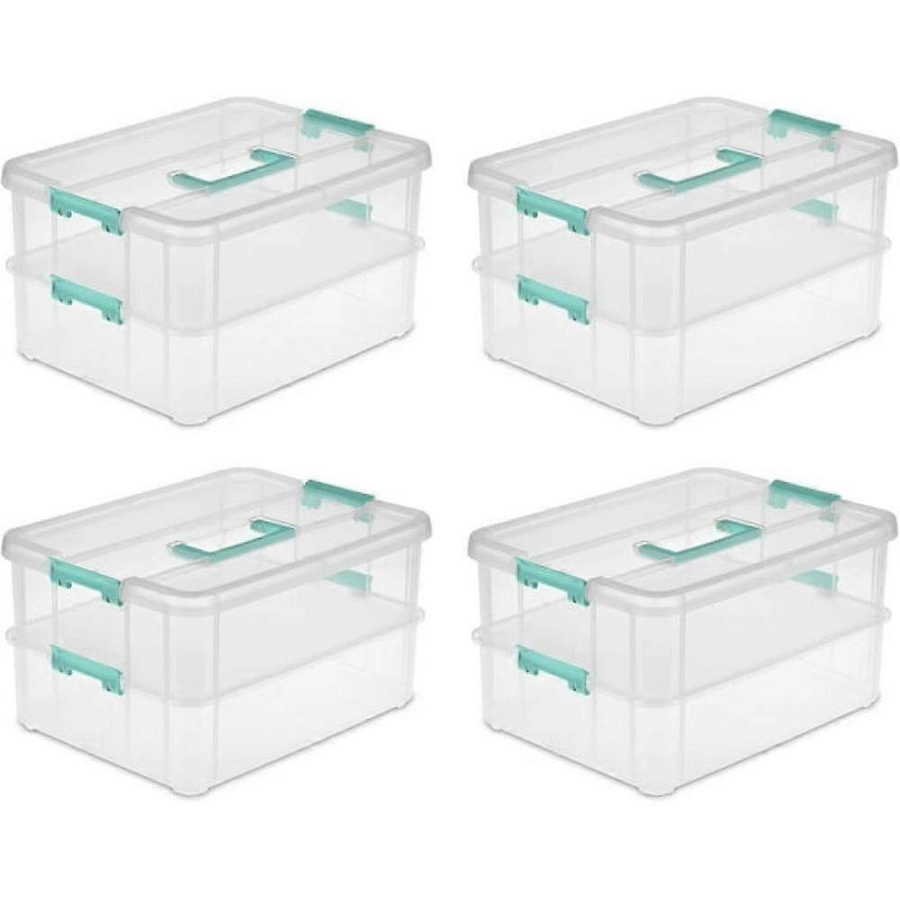 Stack And Carry 2 Layer Handle Box, Stackable Plastic Small Storage Container With Latching Lid, Bin To Organize Crafts, Clear, 4-Pack