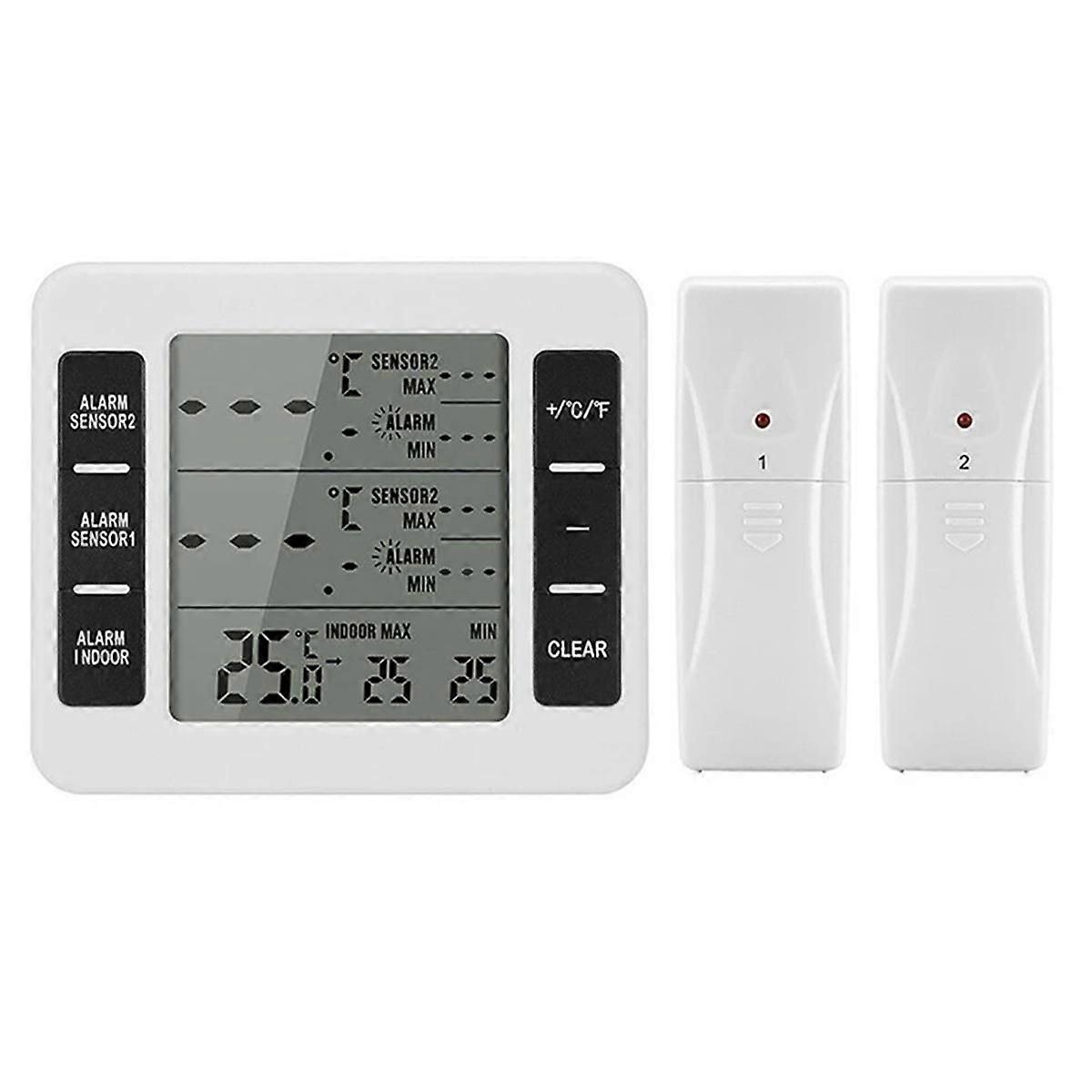 1Set Wireless Freezer Thermometer 2 Remote Sensors Alarm Low Temperature Refrigerator Thermometer Clock