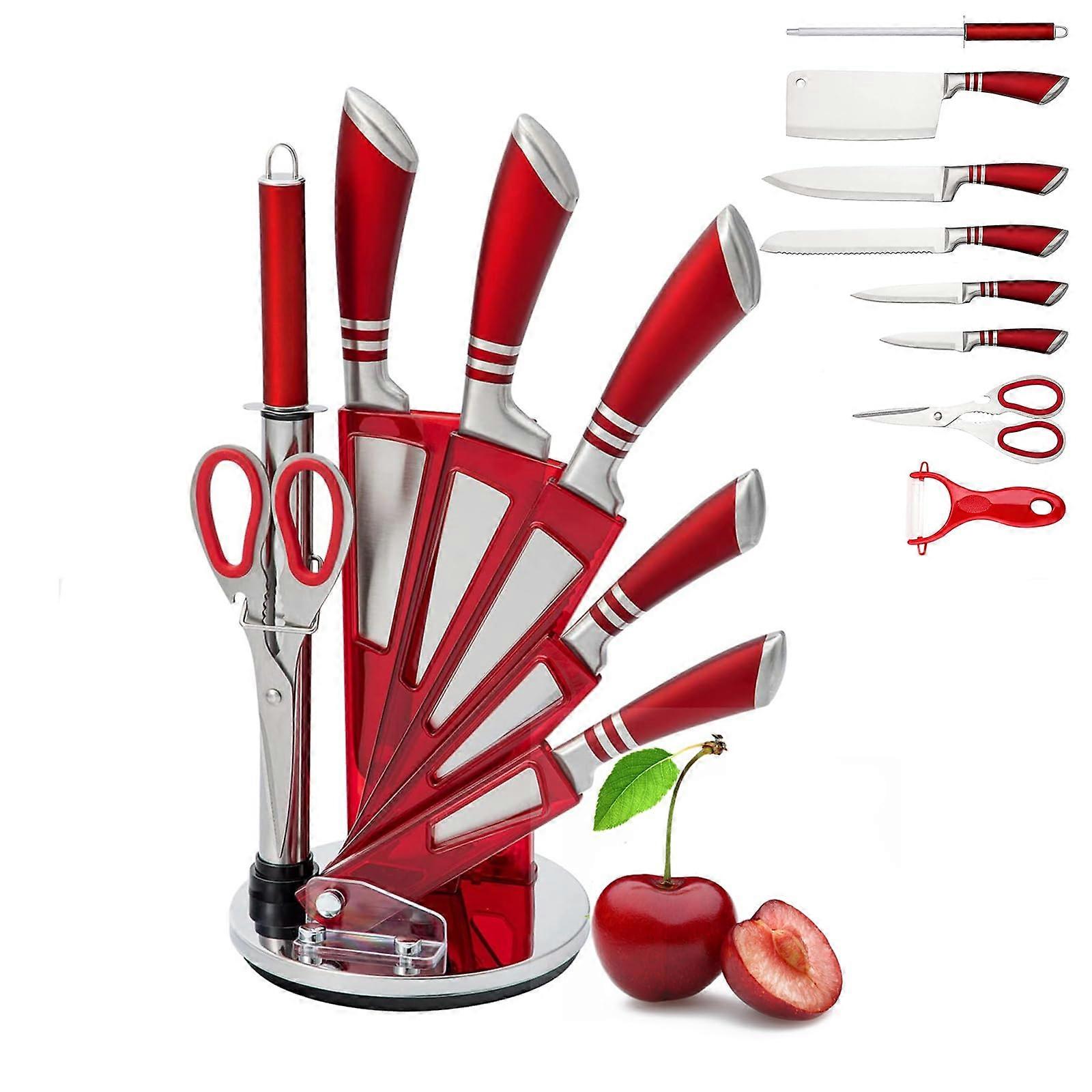 Knife Set 9-Pcs Kitchen Knife Set Sharpener Scissors Included Non-Stick Stainless Steel Chef Knives Acrylic Bracket Red