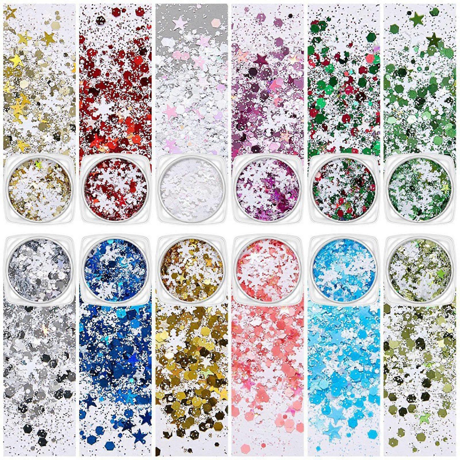 12 Boxes Christmas Snowflakes Glitter Sequins Flake Nail Sequin Colorful Sparkly Confetti Snowflake Nail Glitter Sequins