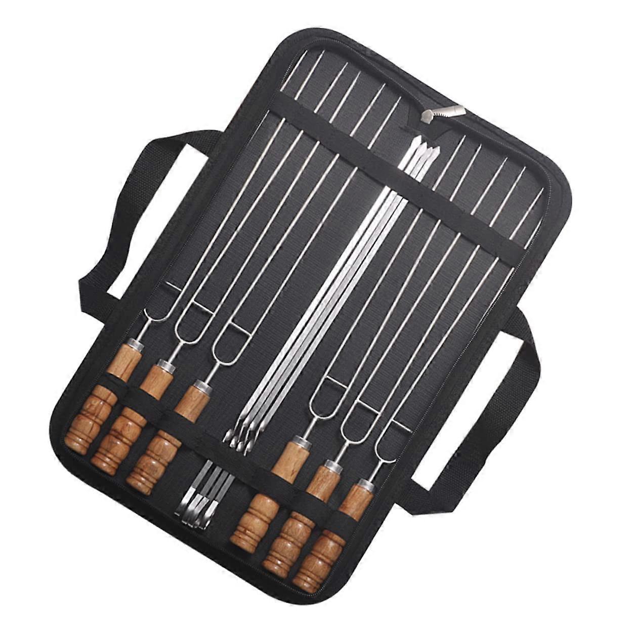 Stainless Steel BBQ Skewers Set of 10 with Wooden Handle and Storage Bag, Durable Kebab Sticks for Meat and Vegetables