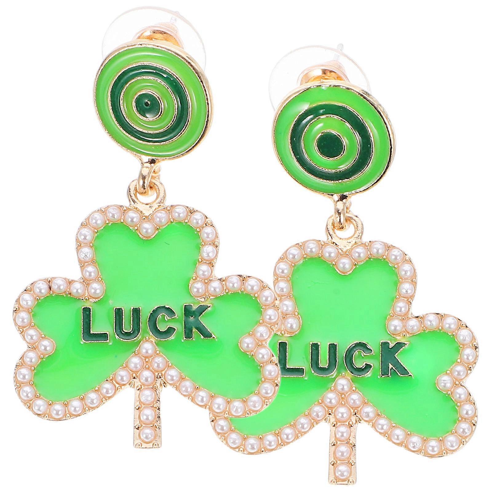 Shamrock Earrings Patricks Day Jewelry Dangle Style Green Color Zinc Alloy Festive Accessory 1 Pair