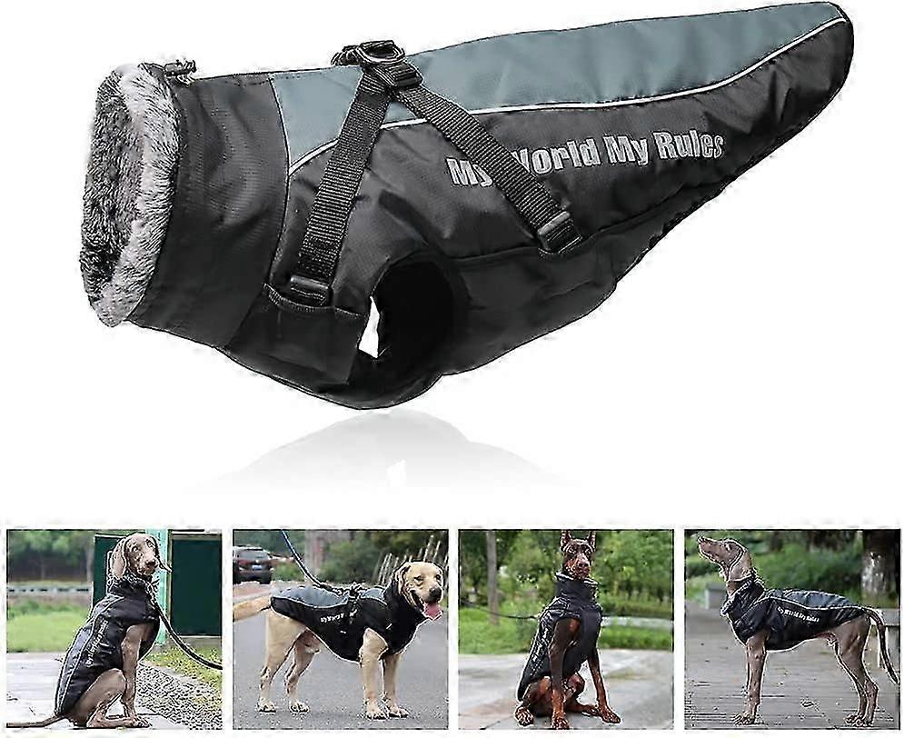 Reversible Reflective Plush Dog Coat with Detachable Harness and Choke-Free Fold-Over Fur Collar, Comfortable Clothes for Medium Large Dogs 2XL
