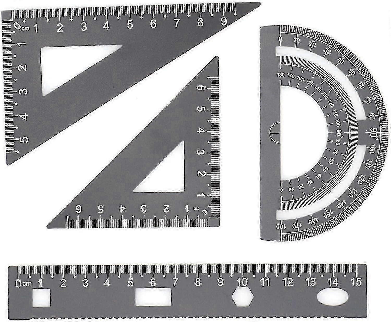 Set of 4 Black Metal Geometry Tools with Aluminum Alloy Straightedge, Triangle Ruler, and Protractor for Drafting, Engineering, and Student Use