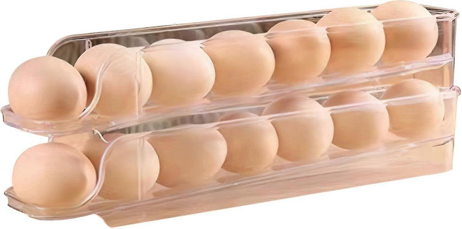 Stackable Egg Dispenser Organizer for Fridge with 2 Tiers, Holds 14 Eggs, Automatic Rolling Clear Plastic Egg Tray for Efficient Storage