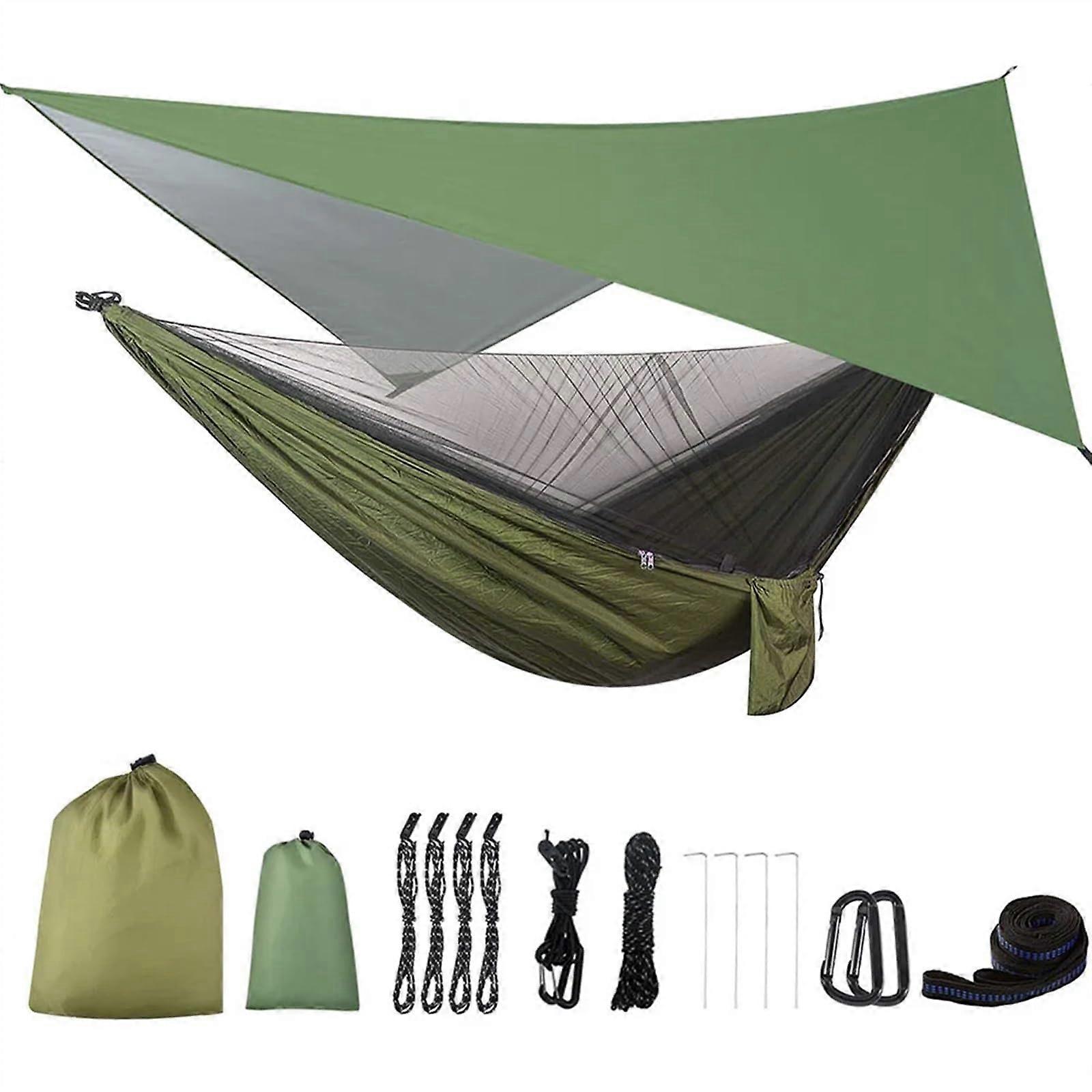 Hammock Camping With Mesh Tent And Tree Straps Nylon Parachute Fabric Portable Single Or Double Army Green
