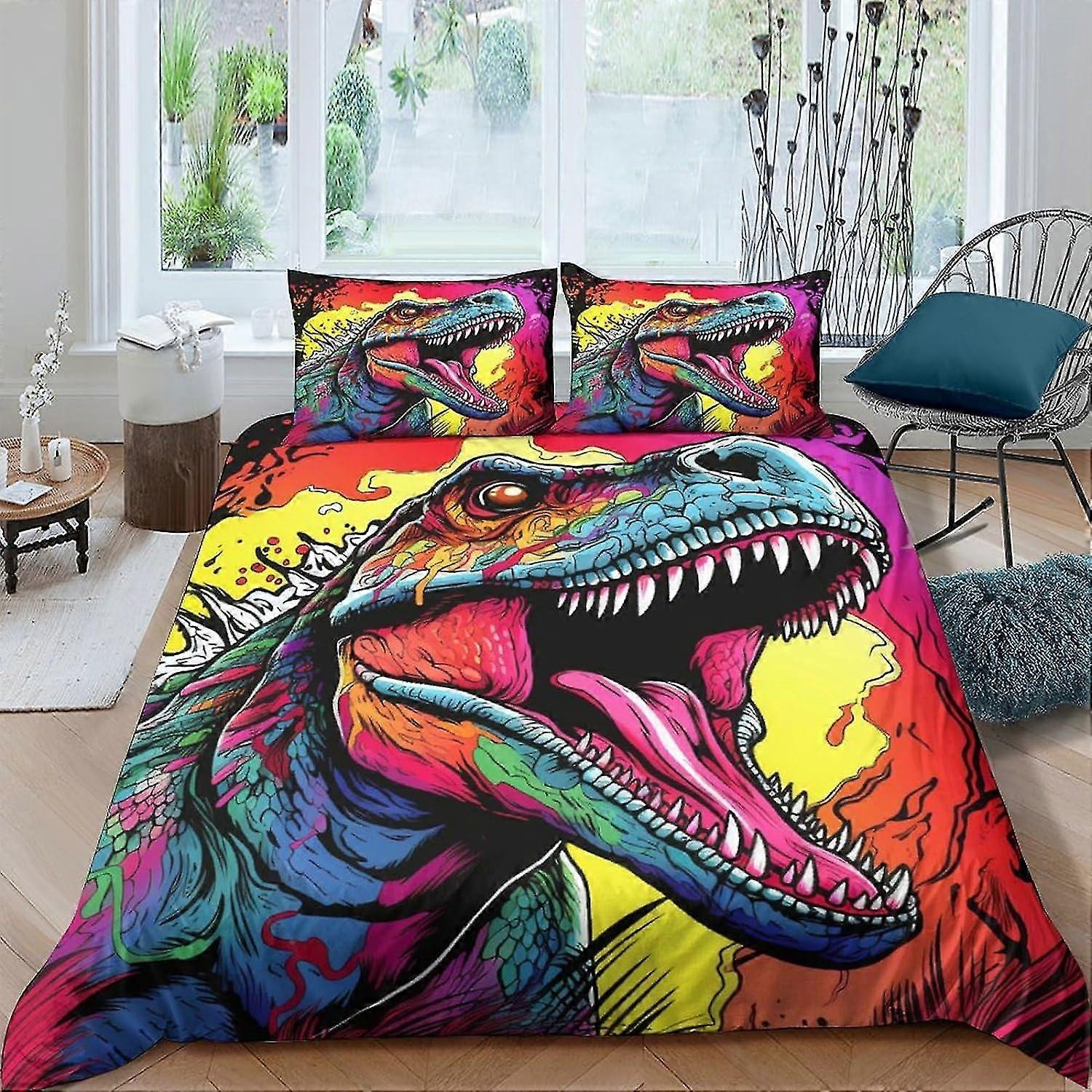3 Piece Set Printed Duvet Cover Bed Set for a Dinosaur Theme, Soft Reptile Comforter Cover with Zipper & Pillowcases