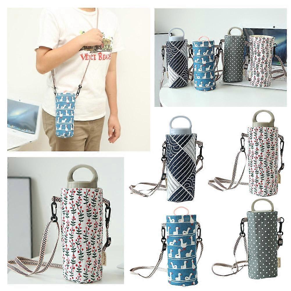 Blue and white stripes (A)$ Storage bag Cotton and linen canvas water cup bag Simple portable lanyard diagonal cup holder Milk tea thermos cup holder