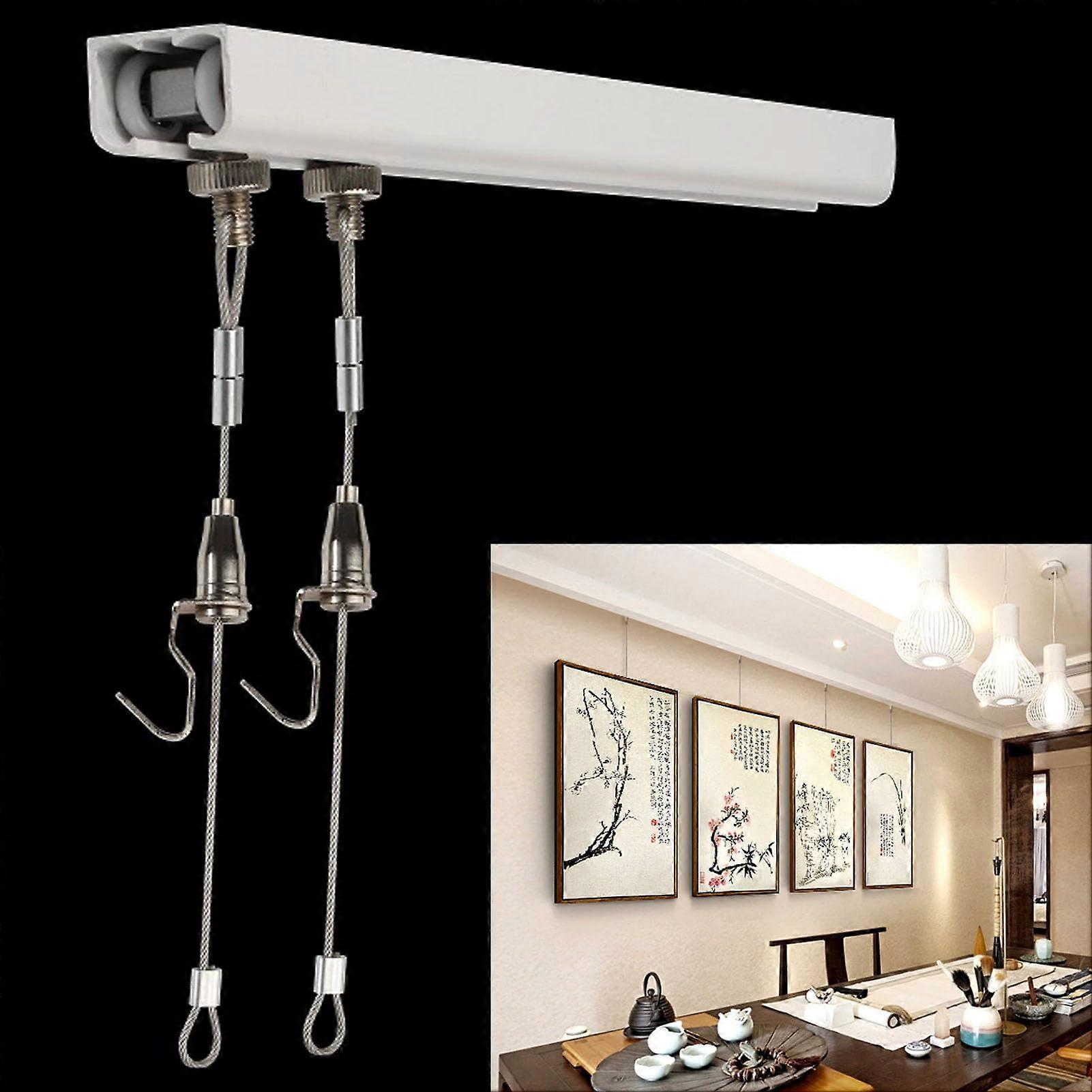 White Picture Rail Hanging System Set, Adjustable Wall/Ceiling Kit (1m Rail 3m Wire)