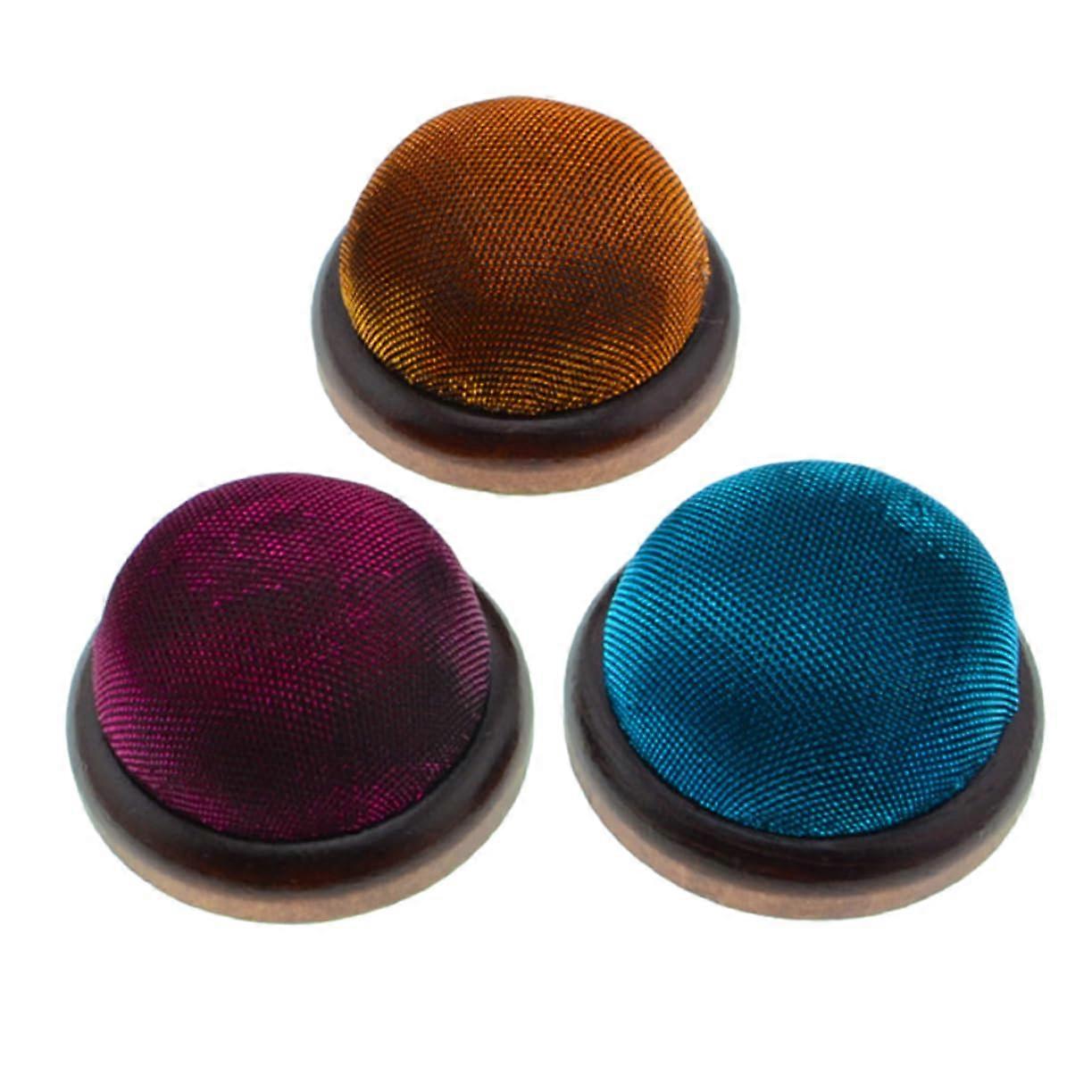 3 pieces needle cushions with wooden base and glitter design DIY craft accessories for functionality, red and blue for projects.