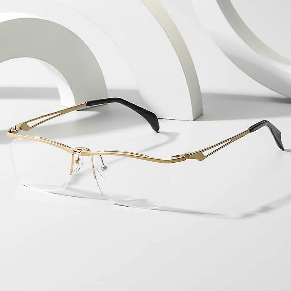 Half Frame Metal Reading Glasses for Men, Blue Light Blocking +1.5 Strength, Rectangular Design, Gold, Size +3.5 Reading